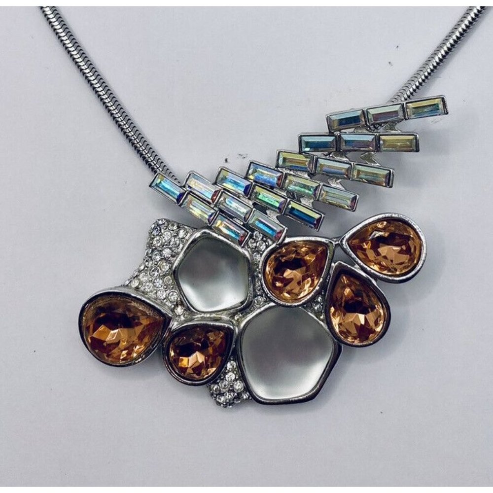 Monet Silver Tone Amber Crystal Convertible Statement Necklace Brooch Set